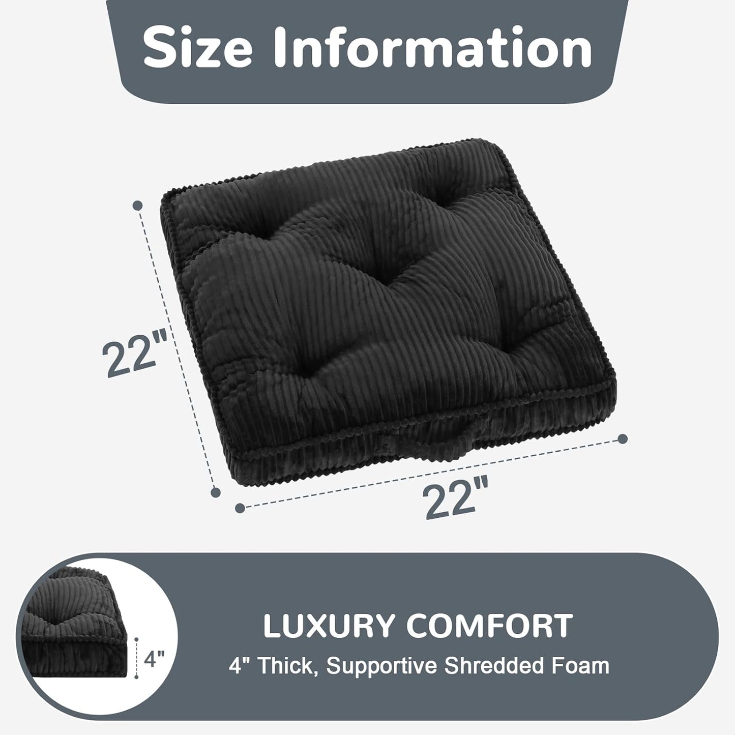 Meditation Floor Cushion, 22x22 Tufted Floor Pillow for Adults, Square Large Meditation Cushion Pillow, Green Corduroy Sitting with Handle, Yoga Seating for Tatami, 1Pack