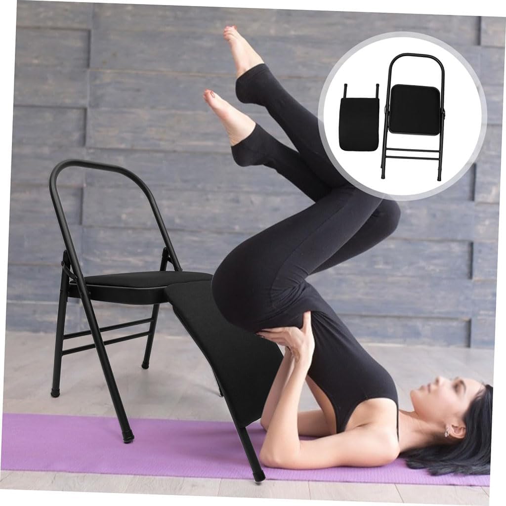 Yoga Assist Chair with Lumbar Support,Pilates Yoga Chair,Metal Folding Chair,Removable seat Cushion,Portable Inversion Chair,Backless Yoga Chair,Black