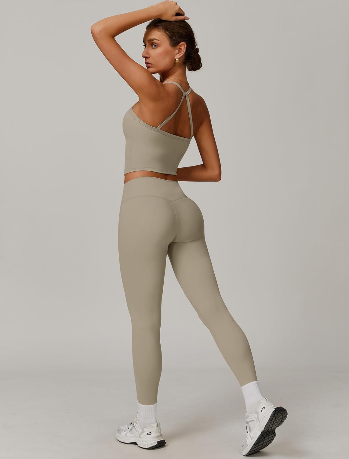 Women 2 Piece Workout Sets Padded Criss Cross Back Crop Tank High Waist Tummy Control Active Leggings Sets Yoga Outfit