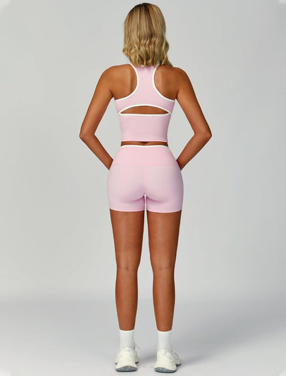 Women 2 Piece Workout Sets Racerback Color Block Tank Top High Waist Tummy Control Shorts Yoga Outfits