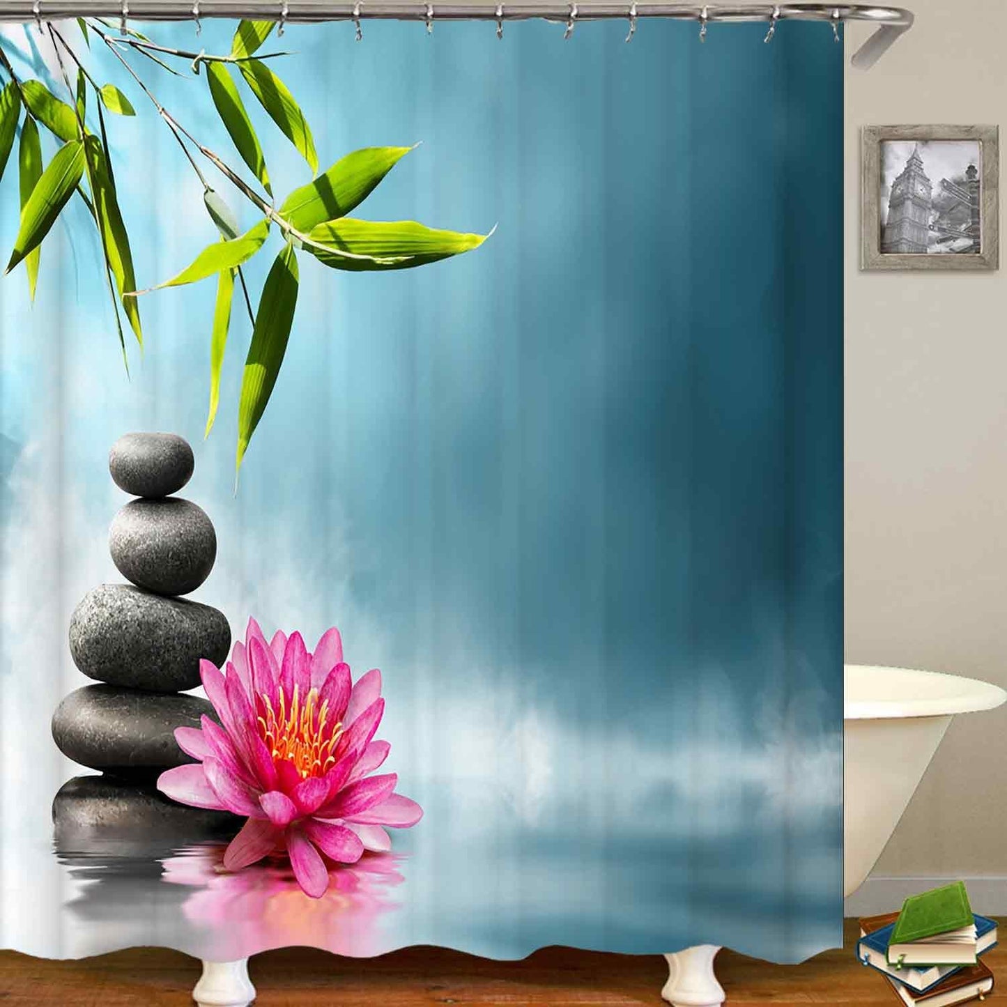 4PCS Spa Zen Shower Curtain Sets with Rugs, White Shower Curtain, Pink Floral Orchid Lotus Water Lily Stone Bamboo Water Reflection Yoga Massage Relaxing Spiritual Meditation Bathroom Decor