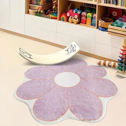 White Flower Shaped Rug, Cute Round Indoor Rug, 39.4" Diameter, High Pile Faux Wool, Non-Slip Backing
