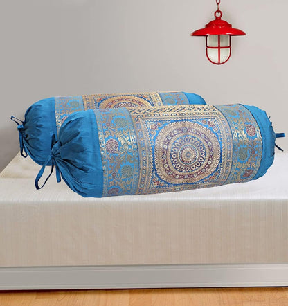 Ethnic Jacquard Brocade Silk Bolster Cushion Covers Cylindrical Hotdog Blue Yoga Massand Living Room Decorative Mandala Traditional Throw Pillowcase 76x38 cm - Set of 2 Pcs