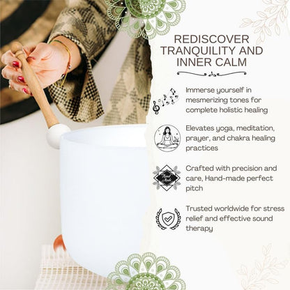 8 inch White C Note Root Chakra Quartz Crystal Singing Bowl, for Healing Mindfulness Meditation Yoga Sound Baths, with Rubber Mallet O-ring