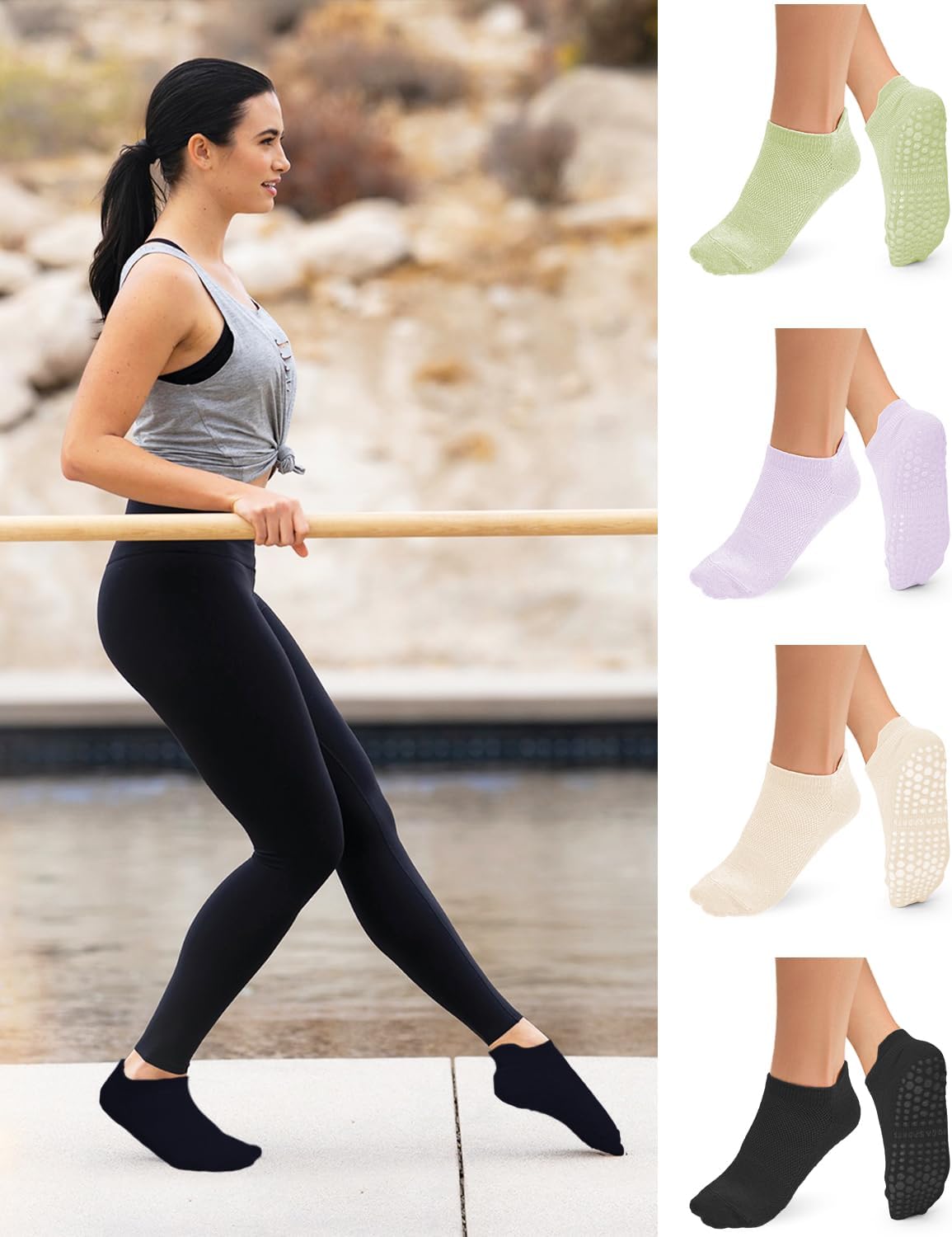 yeuG Pilates Socks for Women Non Slip Grip Socks for Yoga, Barre, Hospital, Barefoot Grippy Yoga Sock Womens Gifts 4 Pairs