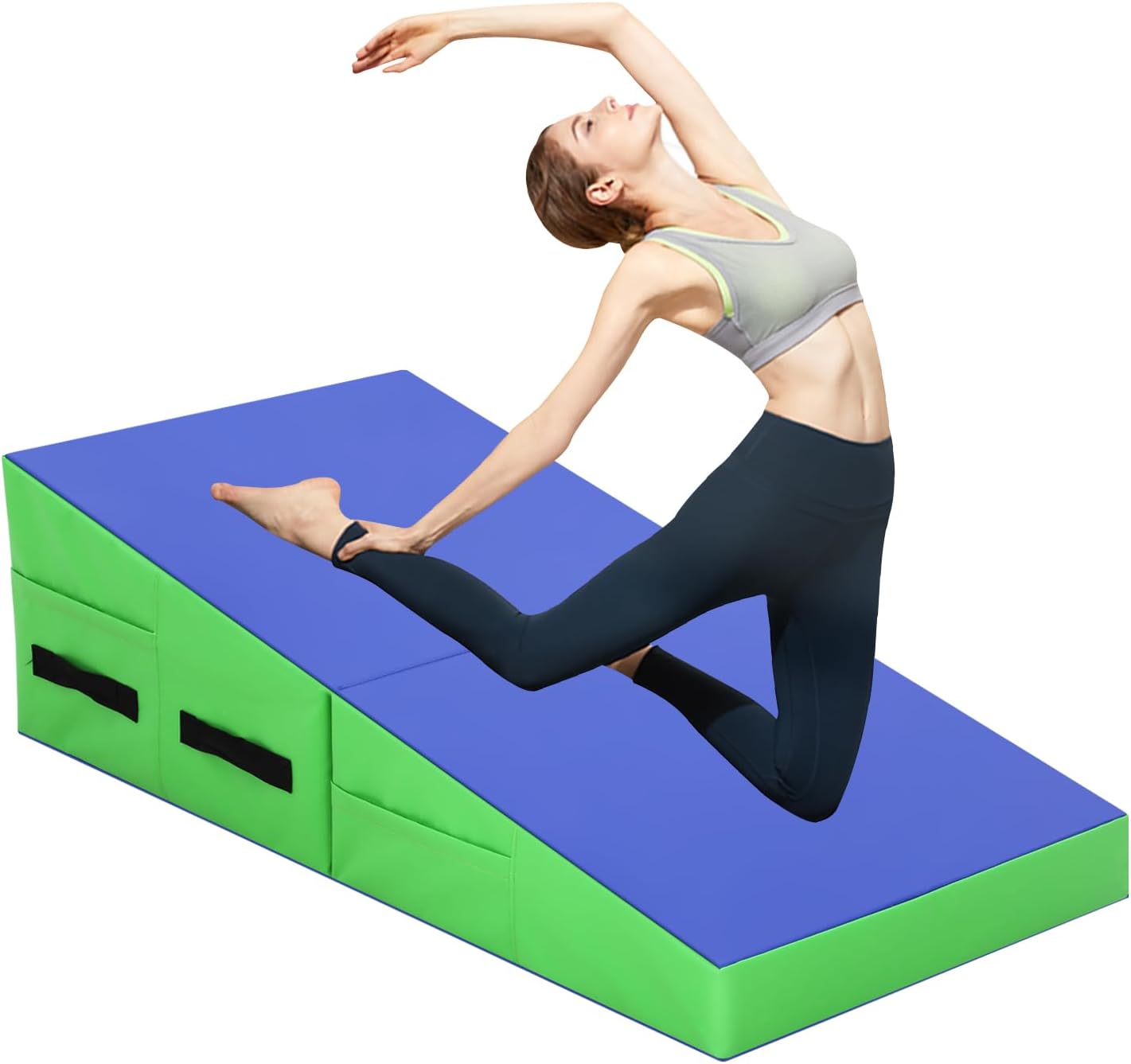 Gymnastics Mat Incline Tumbling Mats—Indoor/Outdoor Folding Cheese Wedge Mat with Non-Slip Surface & Handles for Kids Girls Home Training Exercise