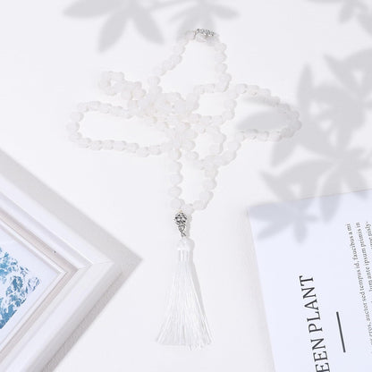108 Mala Beads Necklace Semi-Precious Gem Stones Meditation Necklace 108 Hand Knotted Japa Mala Beaded Tassel Necklace with Tree of Life Pendant