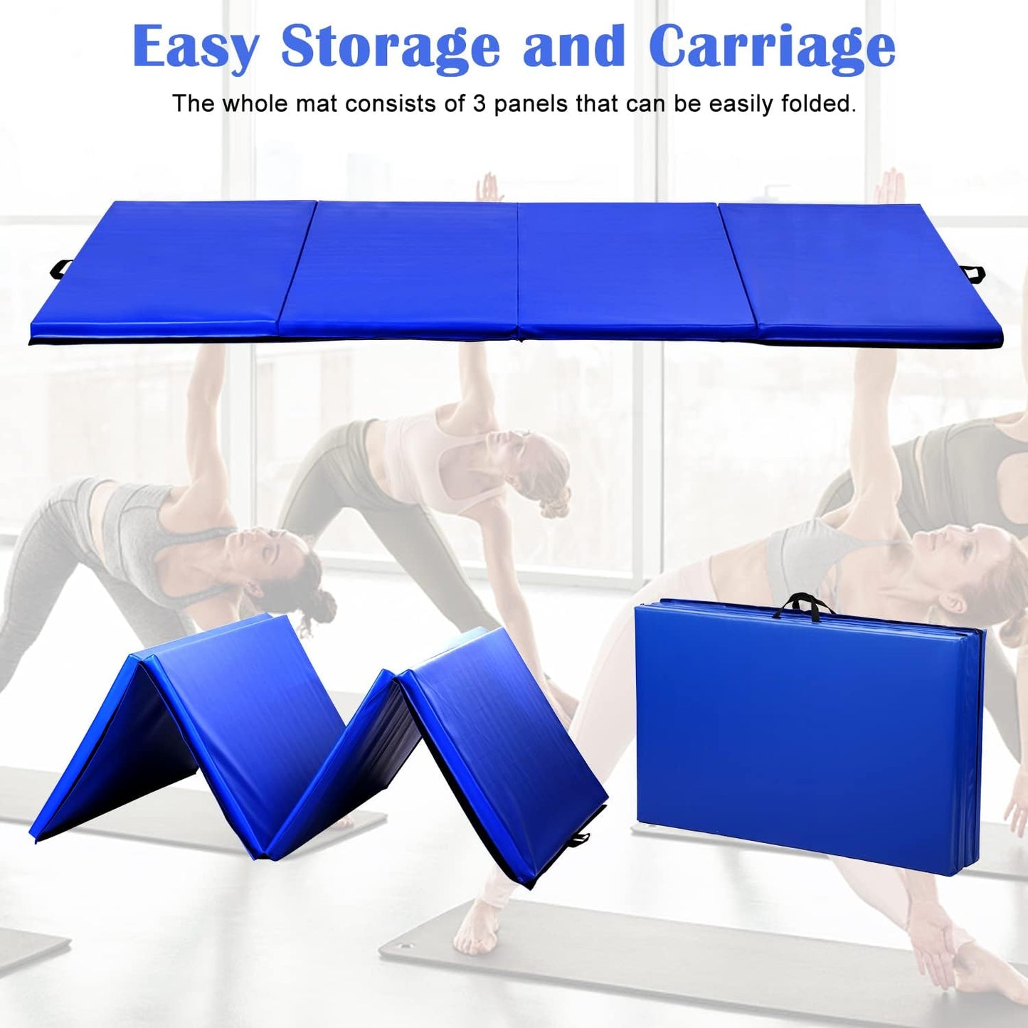 Gymnastics Mat for Tumbling, Folding Tumbling Mat Exercise Mat Gym Mat Tumbling Mats for Kids, Adults, PU Leather Yoga Mat with Carrying Handles