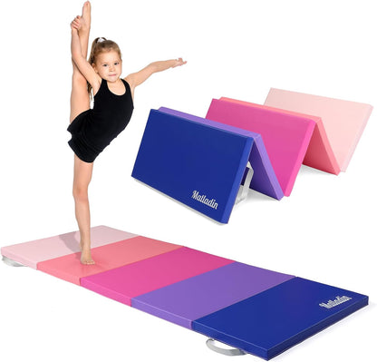 Matladin Folding Gymnastics Gym Exercise Aerobics Mat, 76"L x 30"W x 1.5"Th Folding Exercise Mat, Easy to Clean PU Leather Tumbling Mats for Stretching Yoga Cheerleading Martial Arts, Kid Play(Pink ,Blue）
