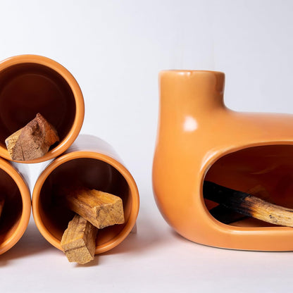 MOUGIGI Terracotta Palo Santo Holder - Modern Chiminea Incense Burner for Yoga, Meditation, and Energy Cleansing - Wood Sticks Dish, Sage Ash Catcher, Smudge Bowl, Cone Burner - Unique Meditation Gift
