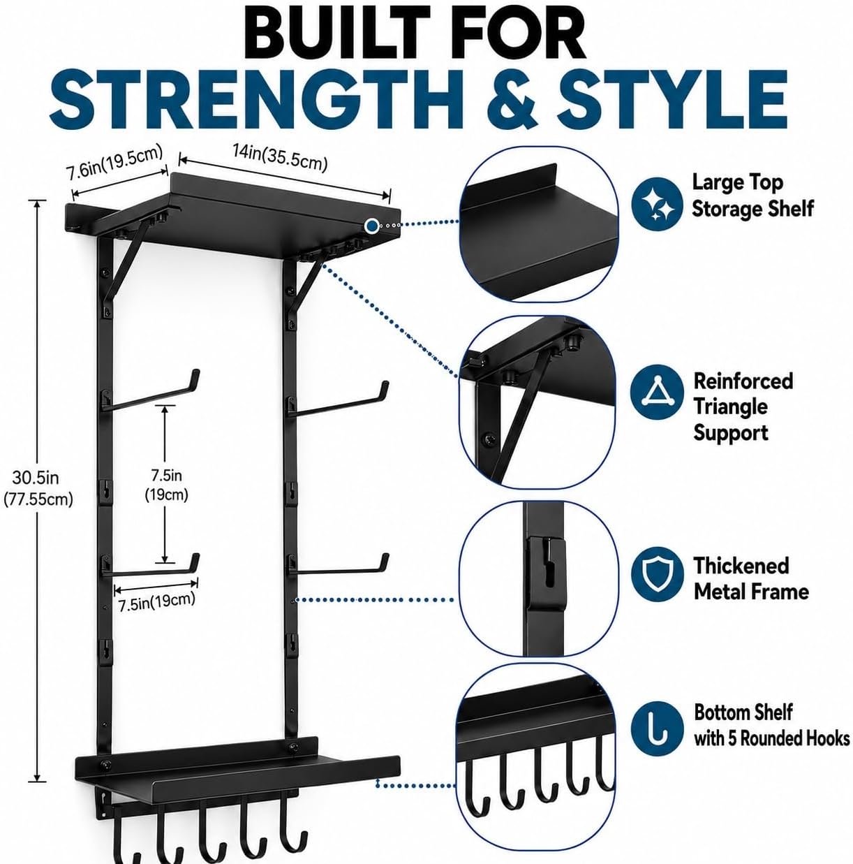 Yoga Mat Holder Wall Mount, Yoga Mats Rack with Double Floating Shelves, Yoga Accessory Storage Rack with 5 Hooks for Resistance Bands and Workout Equipment for Home Gym Storage, Black