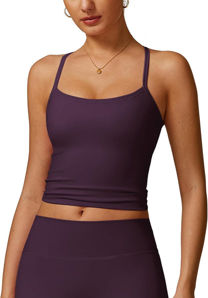QBGJTD Womens Longline Sports Bras Cross Back Active Gym Yoga Padded Workout Crop Tank Top with Built in Bra