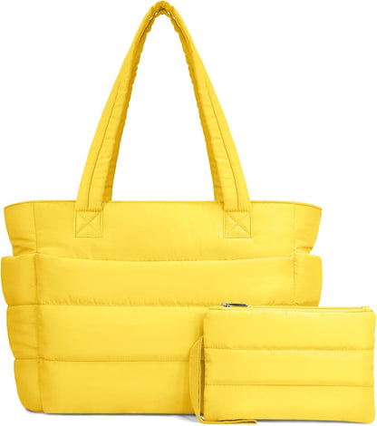 TOPDesign Puffer Tote Bag for Women, Lightweight Puffy Handbag with Compartments, Quilted Shoulder Bag for Work, Travel, Gym - Colors B