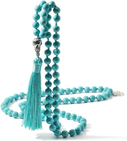 108 Mala Beads Necklace Semi-Precious Gem Stones Meditation Necklace 108 Hand Knotted Japa Mala Beaded Tassel Necklace with Tree of Life Pendant
