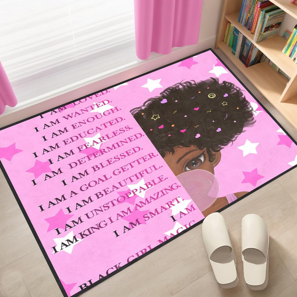 Black Girl Area Rug for Bedroom African Black Girls Floor Rugs for Living Room Playroom Cartoon Art Home Decor Soft Yoga Mats for Women Afro Purple 47" x 31" (2.7 x 3 Feet)