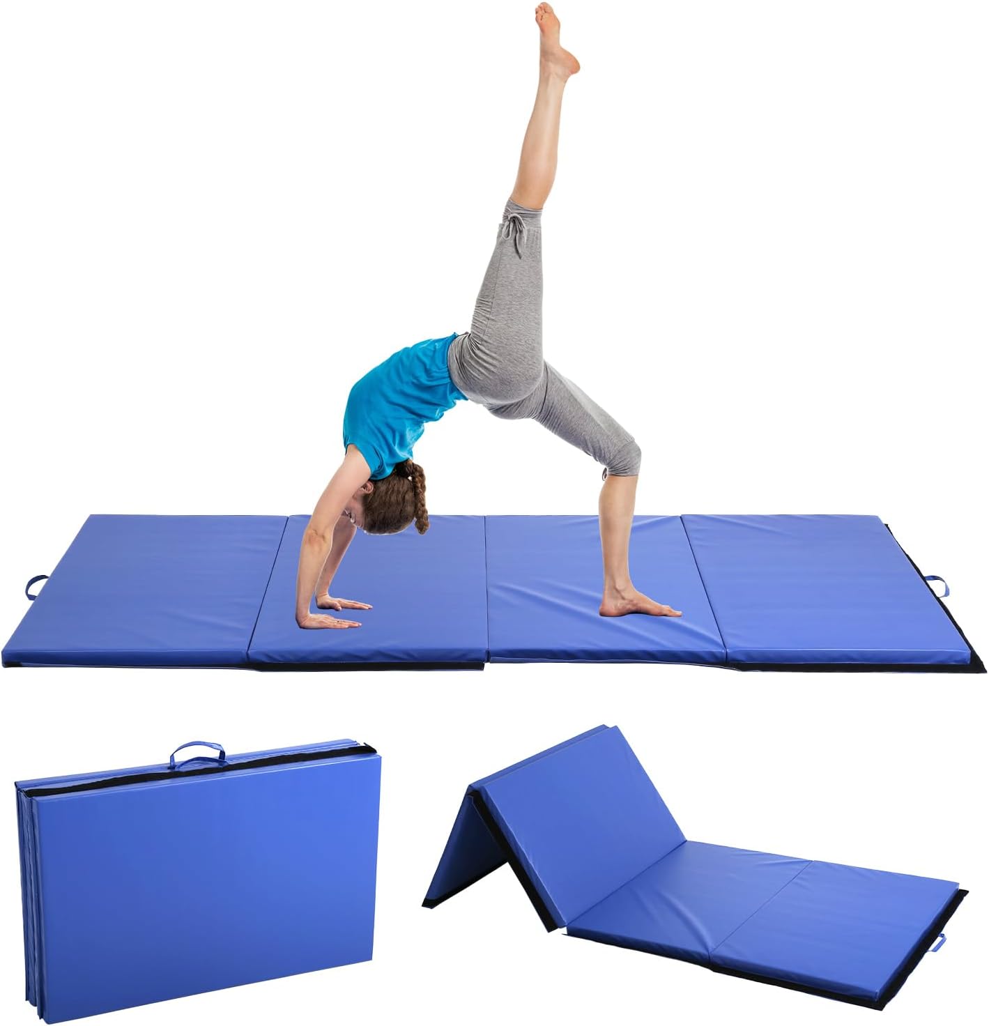Gymnastics Mat for Tumbling, Folding Tumbling Mat Exercise Mat Gym Mat Tumbling Mats for Kids, Adults, PU Leather Yoga Mat with Carrying Handles