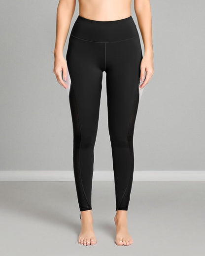QUEENIEKE Women Yoga Pants Color Blocking Mesh Workout Running Leggings Tights