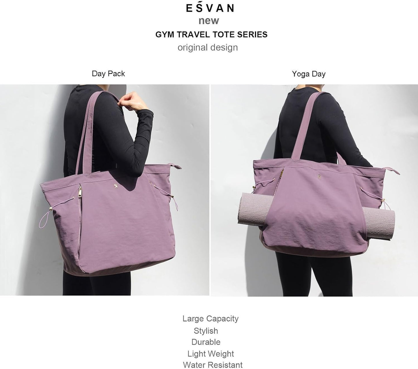 ESVAN Yoga Tote Bag for Women Shoulder Bags Drawstring for Office Workout Travel Carryall Pilates Gym and Beach
