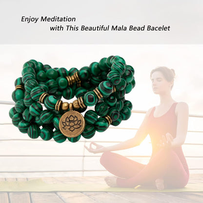 Mala Bead Strand Bracelet, 108 Buddhist Prayer Beads Yoga Meditation Green Malachite Beads Necklace Women man