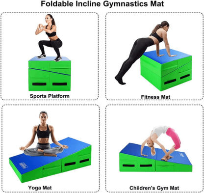 Incline Gymnastics Mat, 48x24 Inch Foldding Gymnastic Tumbling Mat with Handle, Cheese Wedge Skill Shape, Indoor/Outdoor Exercise Mat Home Gym Yoga Mat for Kids Tumbling, Skill Training