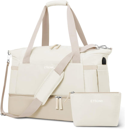ETRONIK Gym Bag for Women, Personal Item Travel Bag with Shoes Compartment, Weekender Overnight Duffel Bag with Wet Pocket, Carry On Bag for Women, Travel, Gym, Weekend (Beige)