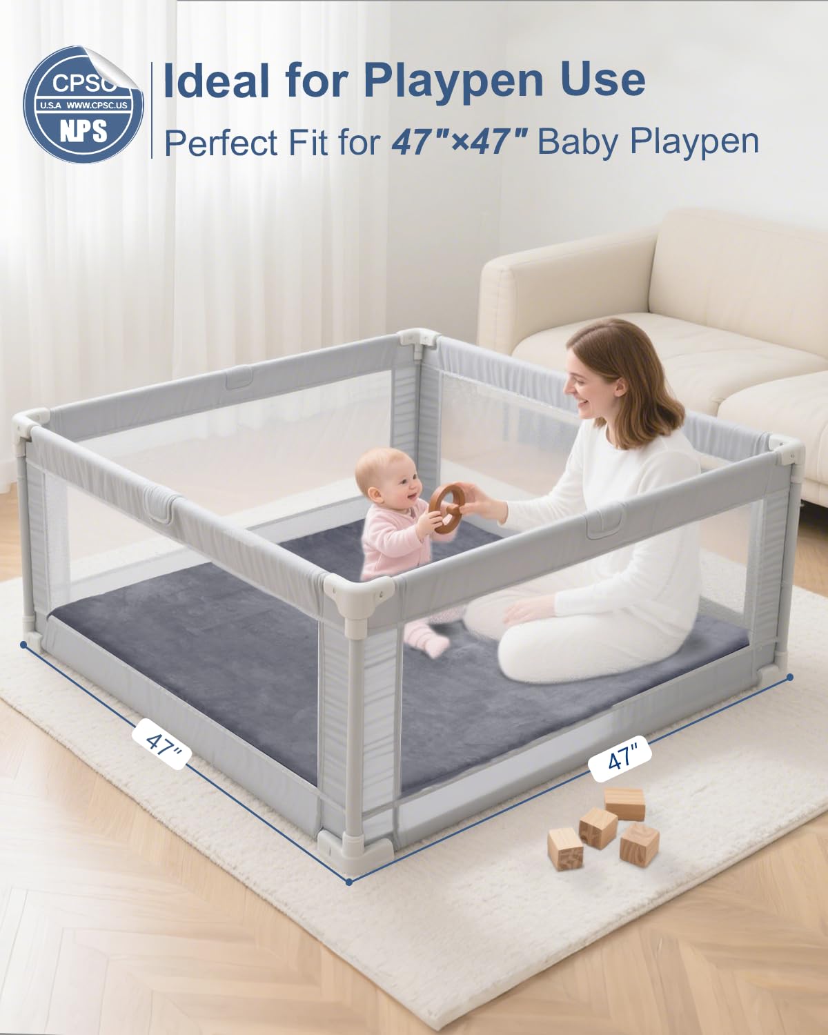 Large Thick Baby Play Mat for Floor,Padded Foam 59x79 Playpen Mat,Soft Support&Plush Feel Nursery Kids Rug,Non Slip for Toddler,Infants,Kids Playroom,Yoga,Baby Crawling,Tummy Time (Light Grey)