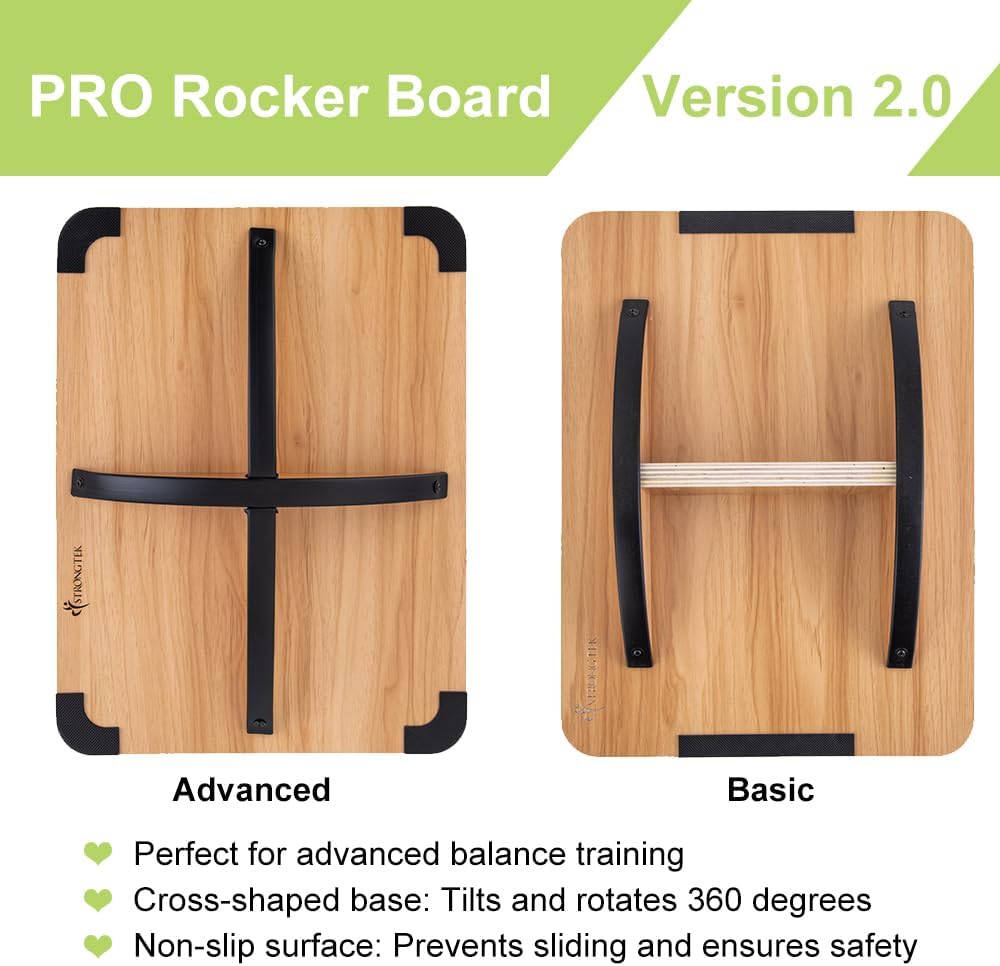 StrongTek Professional Wooden Balance Board, Rocker Board, Wood Standing Desk Accessory, Balancing Board for Under Desk, Anti Slip Roller, Core Strength, Stability, Office Wobble Boards