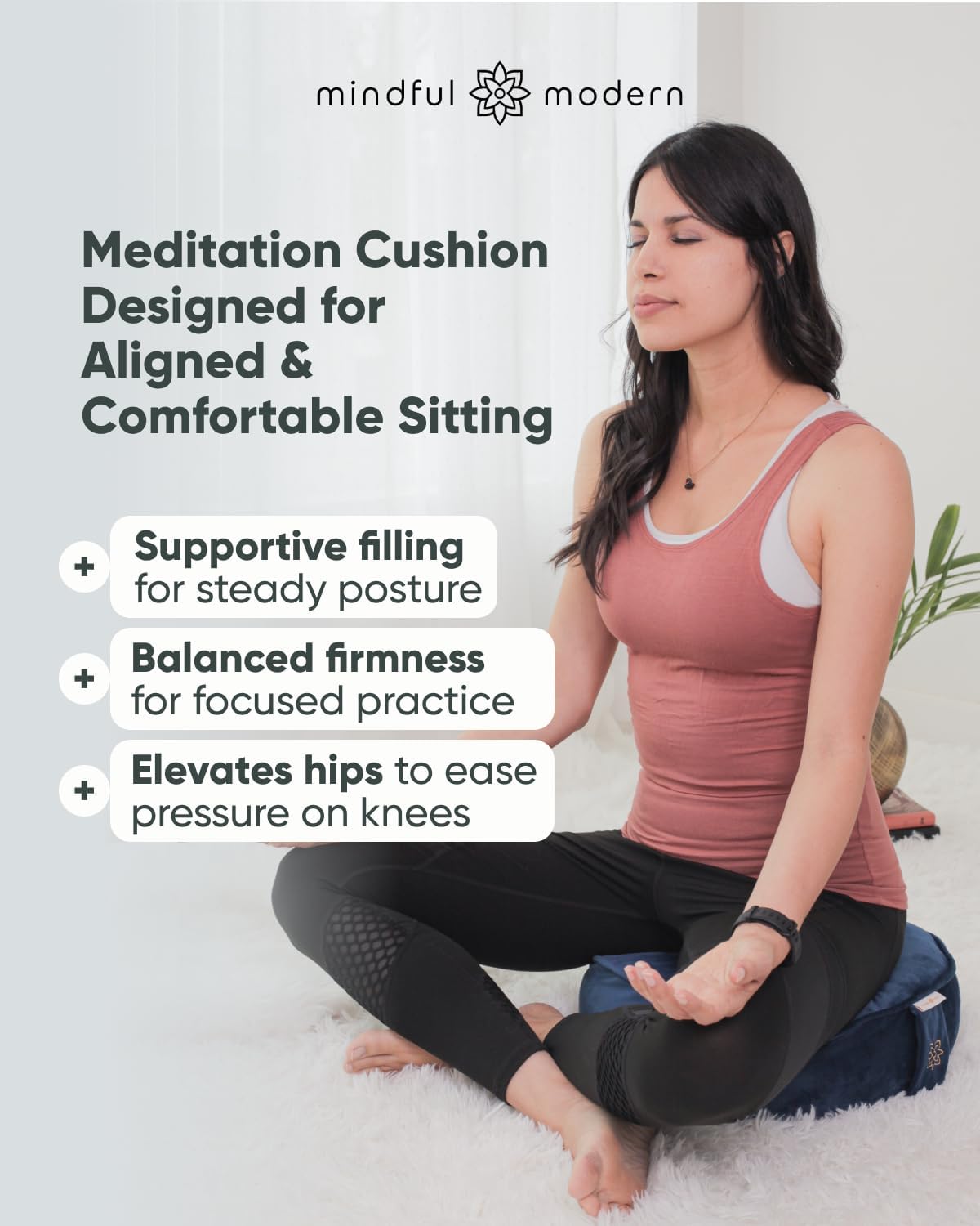 Mindful Modern Velvet Meditation Cushion | Luxe Zafu Yoga Floor Pillow Seat | Posture Support | Buckwheat Hull Filled | Large Round Cushion with Removable Washable Cover + Carry Handle