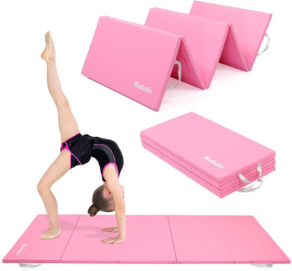 Matladin Folding Gymnastics Mat for Kids, 6'x3'x1"/8'x3'x1" PU Leather Gym Exercise Mats for Tumbling, Cheer, Yoga, Fitness, Pilates and Martial Art