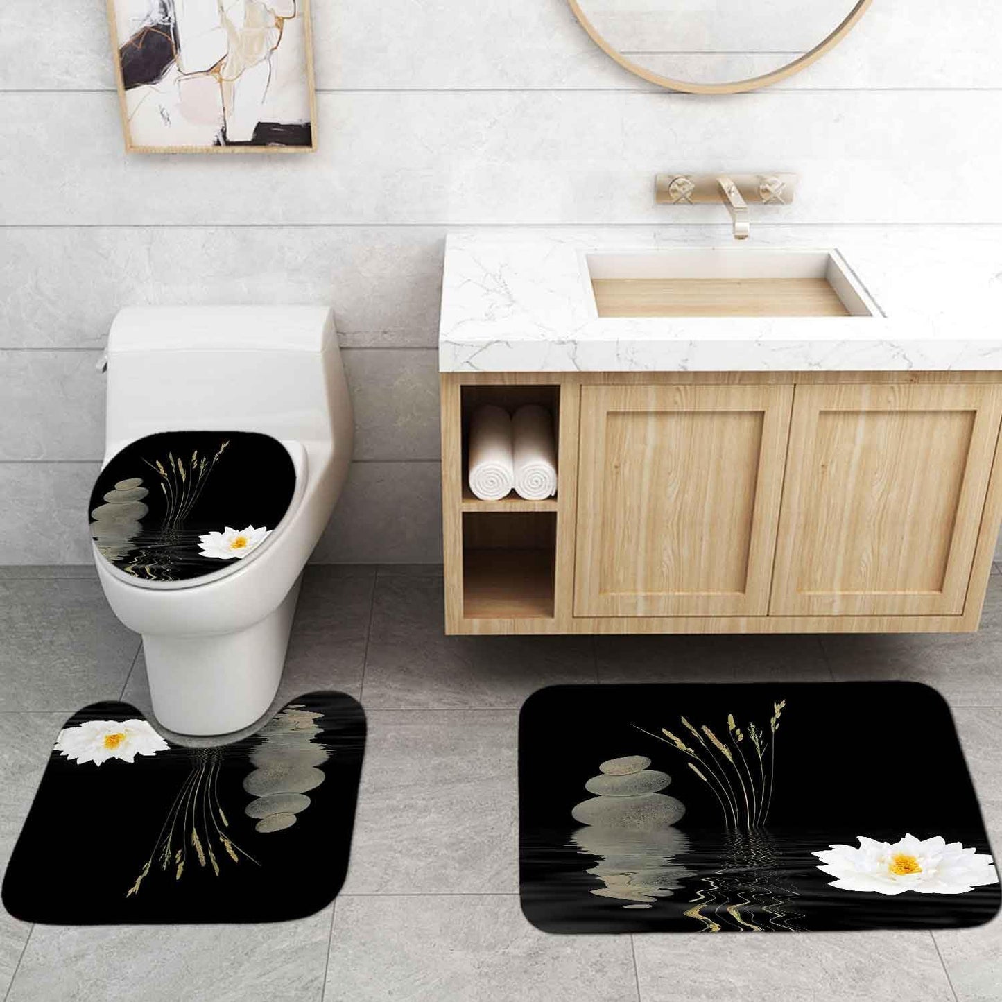 4PCS Spa Zen Shower Curtain Sets with Rugs, White Shower Curtain, Pink Floral Orchid Lotus Water Lily Stone Bamboo Water Reflection Yoga Massage Relaxing Spiritual Meditation Bathroom Decor