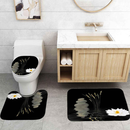 4PCS Spa Zen Shower Curtain Sets with Rugs, White Shower Curtain, Pink Floral Orchid Lotus Water Lily Stone Bamboo Water Reflection Yoga Massage Relaxing Spiritual Meditation Bathroom Decor