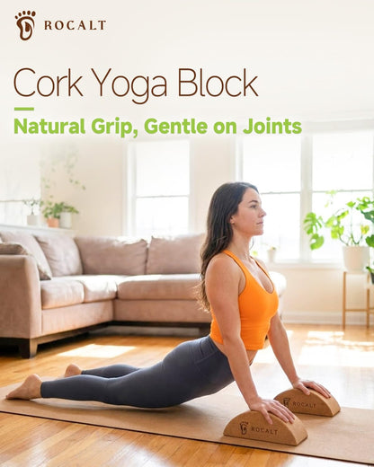 Rocalt Cork Yoga Blocks, Half Moon Yoga Block & Calf Stretching, Cork Foot Stretcher for Plantar Fasciitis Relief, Ankle Stretcher Pilates Block, Improve Balance, Stability & Foot Mobility