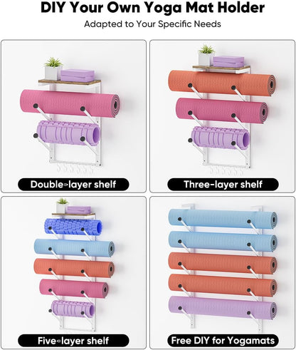 5 Tiers Yoga Mat Holder Rack Wall Mount with 6 Hooks for Hanging Accessory Yoga Strap Foam Rollers Resistance Bands, Yoga Mats Organizer with Floating Shelf for Home Gym Storage Fitness