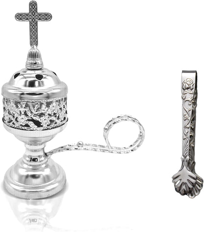 Gold Incense Burner with Tong – Frankincense Charcoal Incense Stand Aromatherapy, Yoga, Spa, Home Decor, and Church Use – Compact & Durable Bakhoor Holder