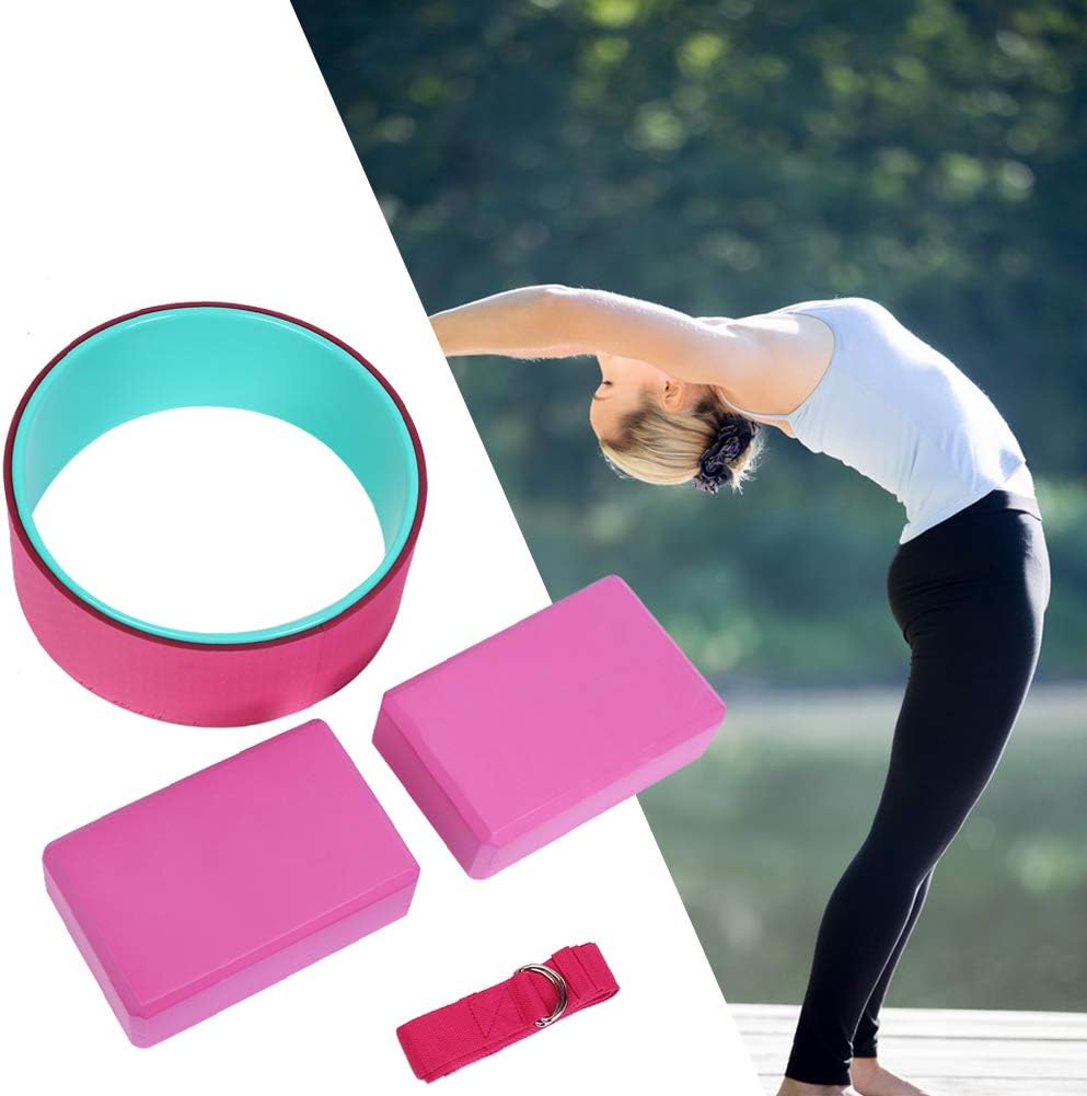 4pcs Yoga Fitness Set, Yoga Wheel Yoga Block Stretch Belt, Premium ABS EVA Material, Back Pain Relief Stretching Exercise Equipment for Men Women, Pink