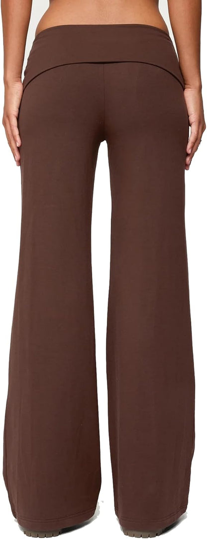 Women Y2k Fold Over Yoga Pants Colour Block Straight Leg Bottoms Low Rise Stretchy Lounge Trousers