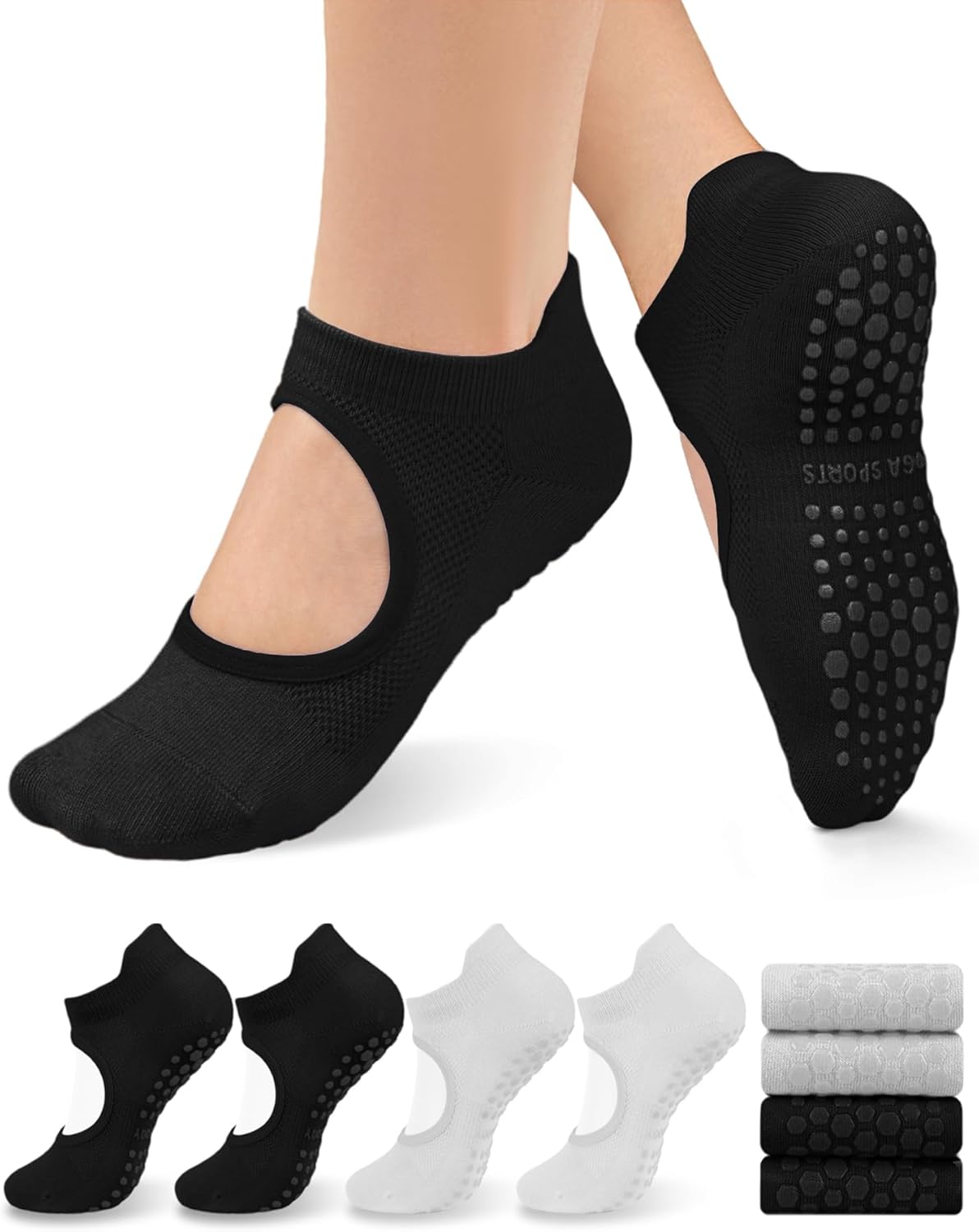 yeuG Pilates Socks for Women Non Slip Grip Socks for Yoga, Barre, Hospital, Barefoot Grippy Yoga Sock Womens Gifts 4 Pairs