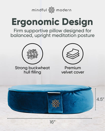 Mindful Modern Velvet Meditation Cushion | Luxe Zafu Yoga Floor Pillow Seat | Posture Support | Buckwheat Hull Filled | Large Round Cushion with Removable Washable Cover + Carry Handle