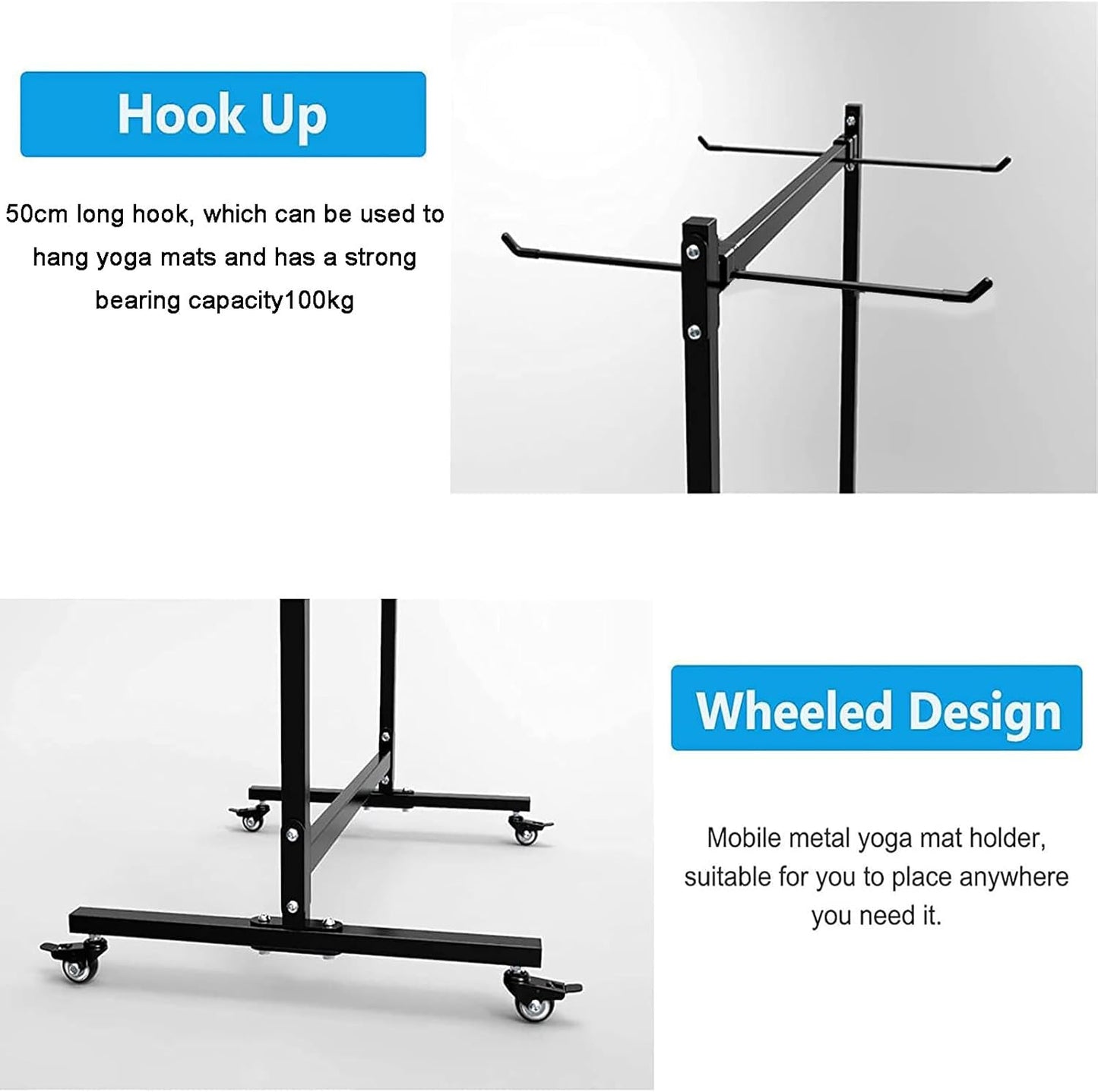 Yoga Mat Holder Hanging, Floor Rolling Yoga Mat cart, Large Capacity Storage Rack, with Includes hole punch, Metal square tube storage shelf for Home Gym, Fitness Club,Yoga Studio (Black)
