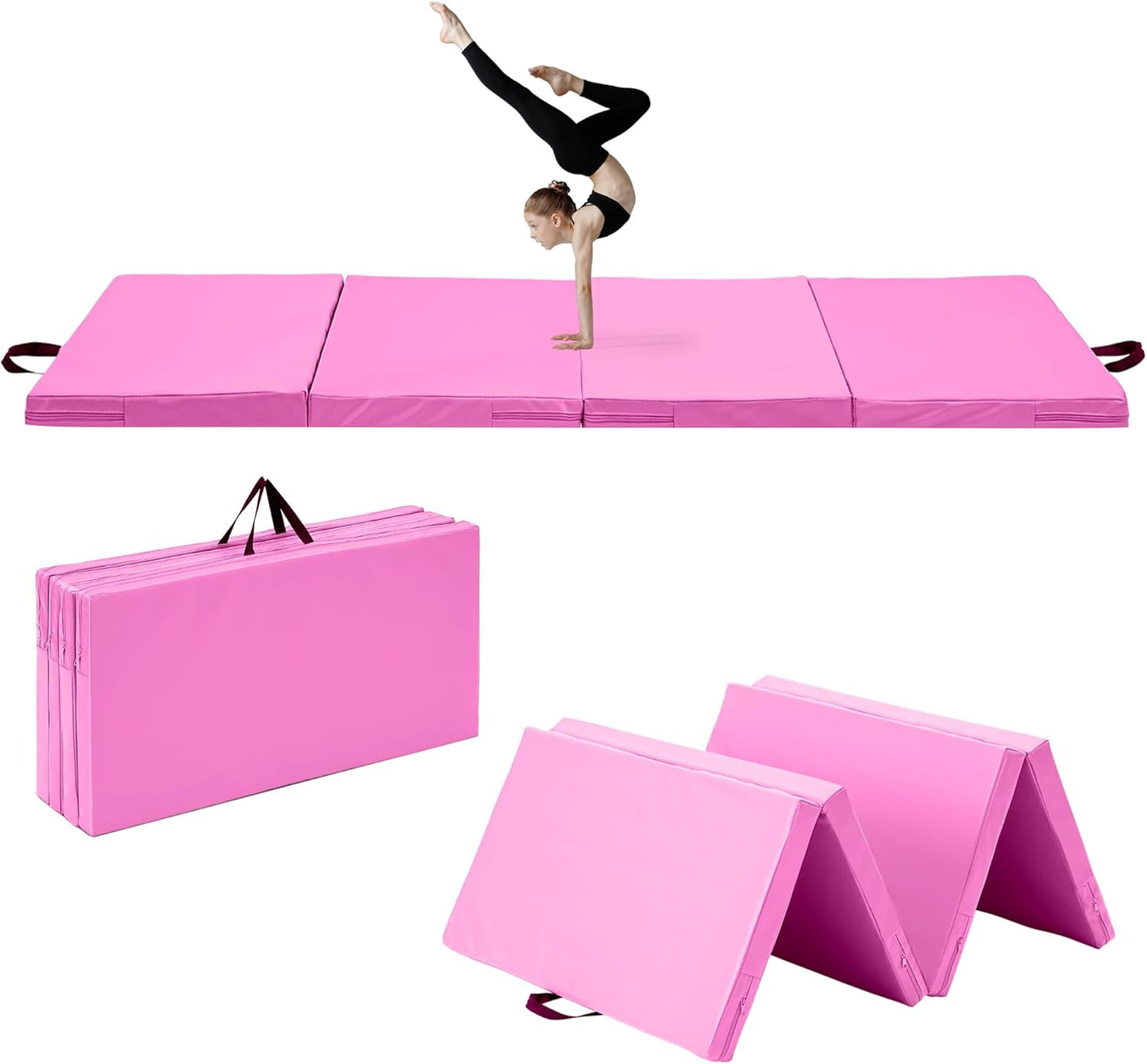 Outdoor Basic 6'x3'x2'' Gymnastics Mats Portable 4-Fold Tumbling Mat Thick Yoga Mat with PU Leather & Carry Handle for Home Workout, Yoga, MMA Core Training, Pilates