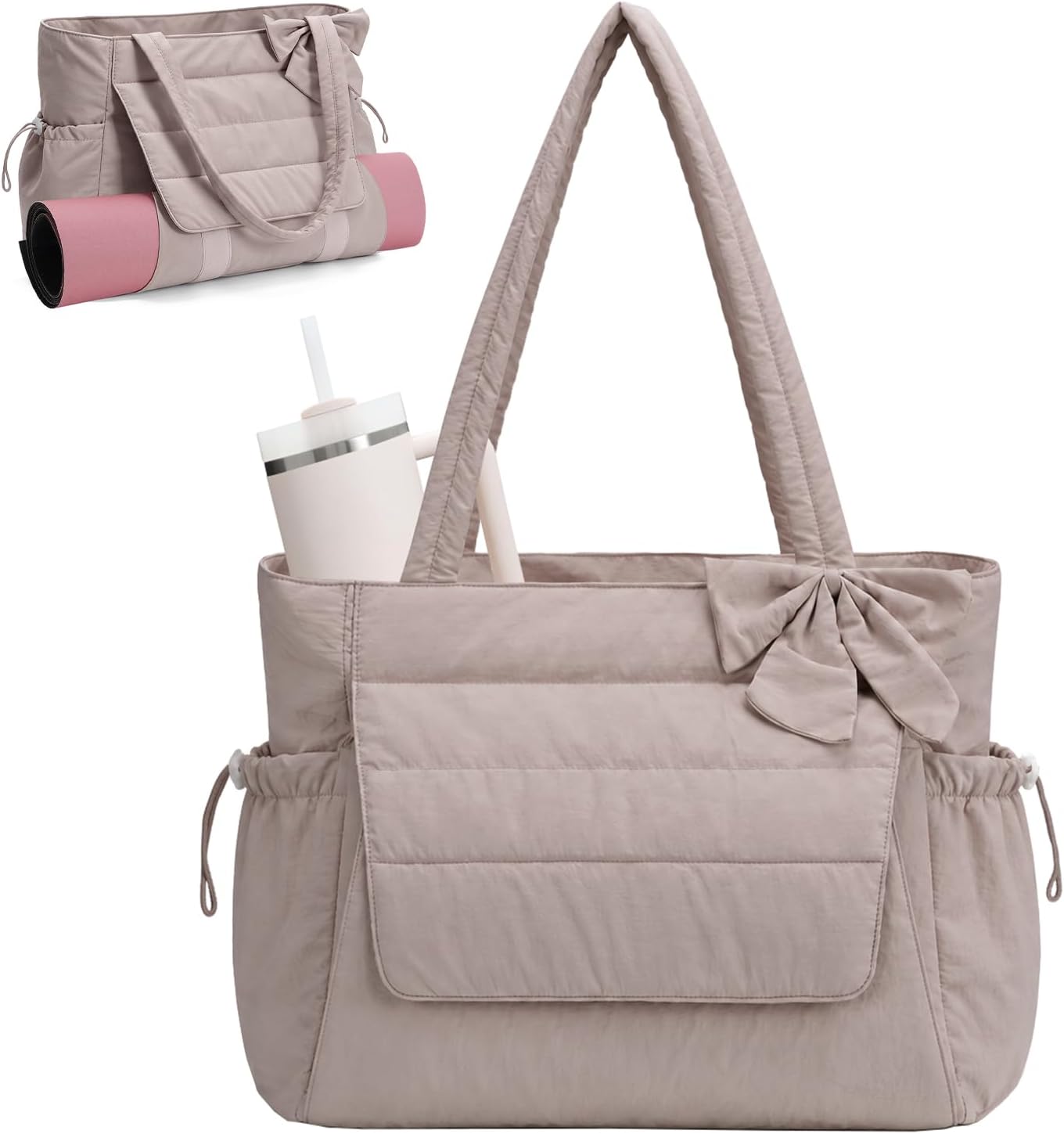 Wandering Nature Bow Tote Bag for Work Fits 40oz Tumbler, Yoga Bag with Wet Pocket & Yoga Mat Pocket, Commute, Gym, Travel