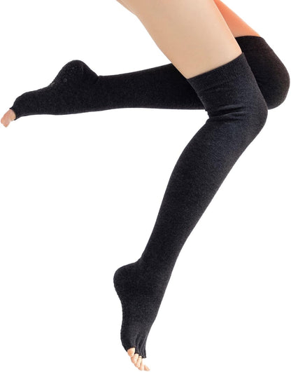Verdancy Yoga Pilates Toe Socks - Toeless With Grips for Women, Non-Slip Cushioned Over Knee Thigh High