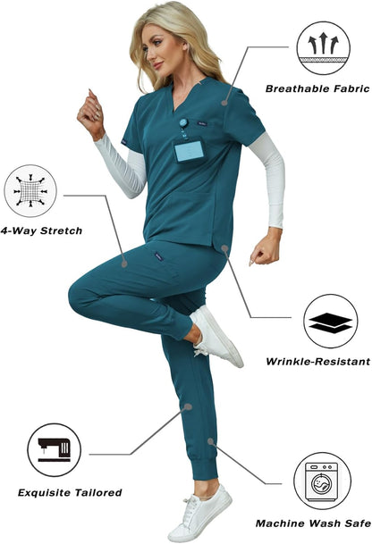 Women's V-Neck Scrubs Set With Cap, Stretchy Top and Jogger Pants, 11 Pockets Nursing Uniform