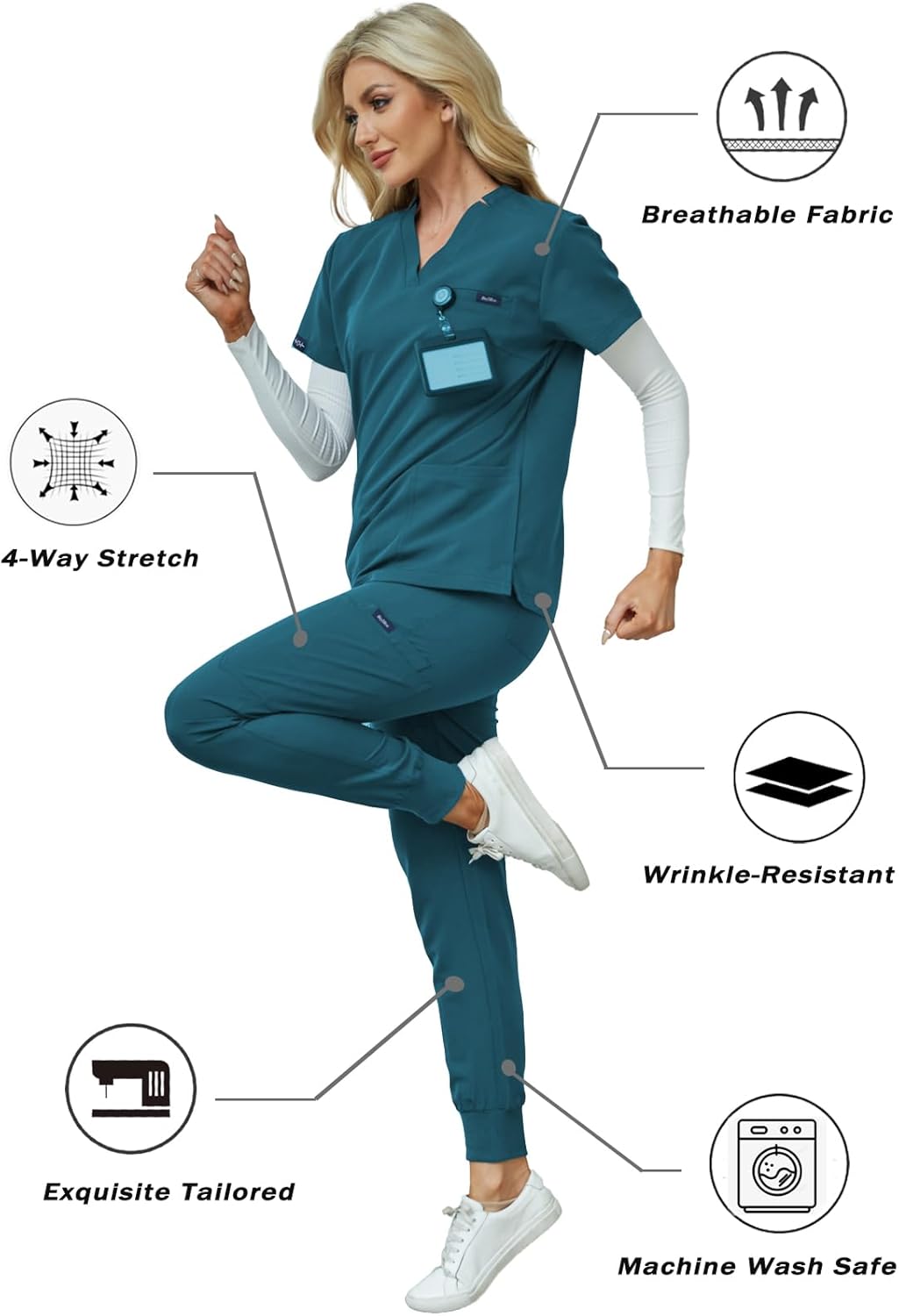 Women's V-Neck Scrubs Set With Cap, Stretchy Top and Jogger Pants, 11 Pockets Nursing Uniform
