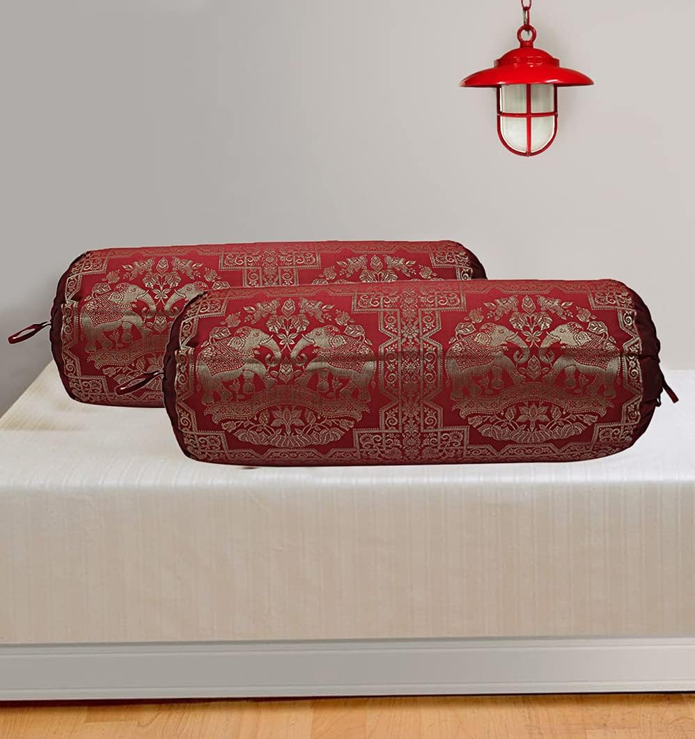 Ethnic Jacquard Brocade Silk Rectangular Bolster Yoga Pillow Cylindrical Hotdog Burgundy Maroon Tubular Living Room Decorative Elephant Indian Throw Pillowcase 76x38 cm - Set of 2 Pcs