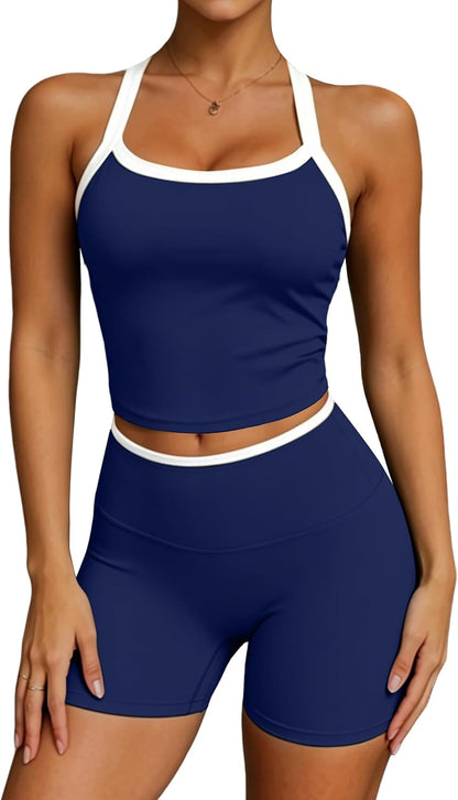 UOUA Womens Workout Set 2 Piece Gym Outfit High Waisted Tummy Control Shorts Halter Padded Sports Bra Tank Athletic Yoga Wear