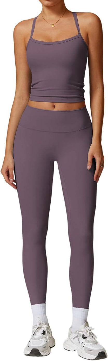 Women 2 Piece Workout Sets Padded Criss Cross Back Crop Tank High Waist Tummy Control Active Leggings Sets Yoga Outfit