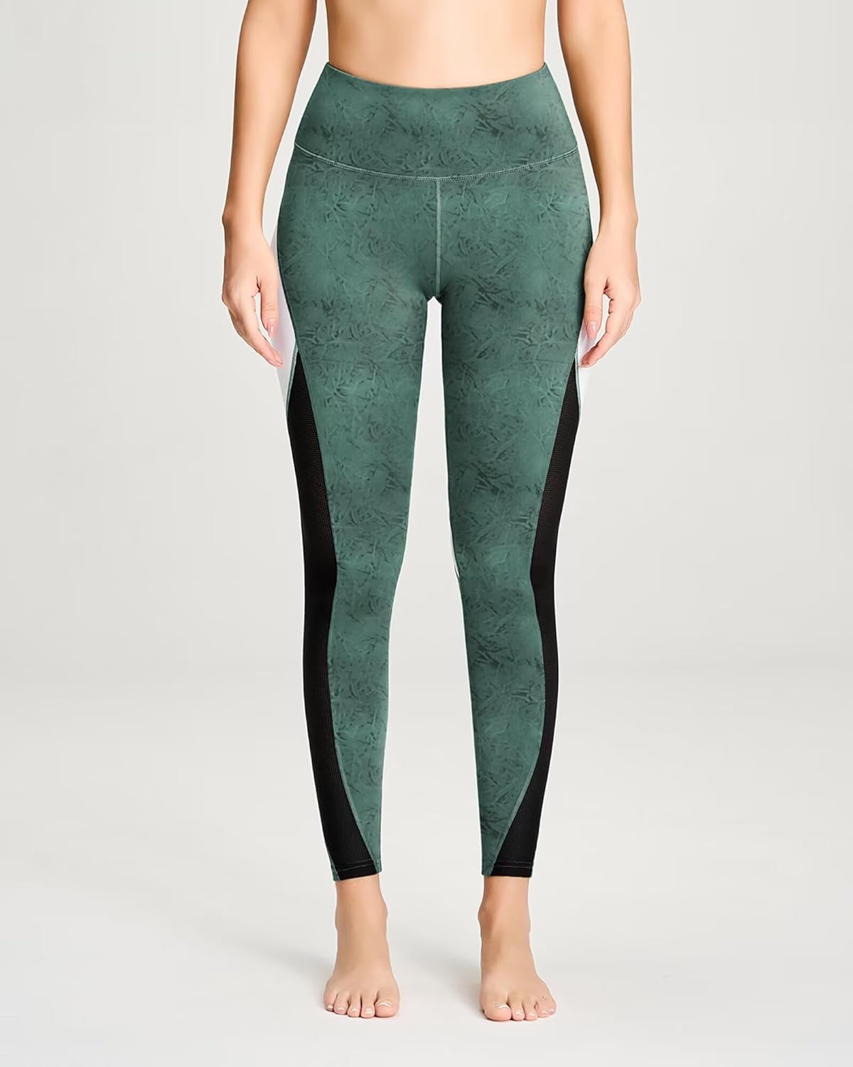 QUEENIEKE Women Yoga Pants Color Blocking Mesh Workout Running Leggings Tights