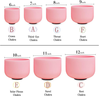 CVNC 432HZ 6-12 Inch Set of 7 PCS Aria Gradient Design Frosted Quartz Crystal Singing Bowls with 2 PCS Carry Case Bag for Sound Healing and Therapy Meditation