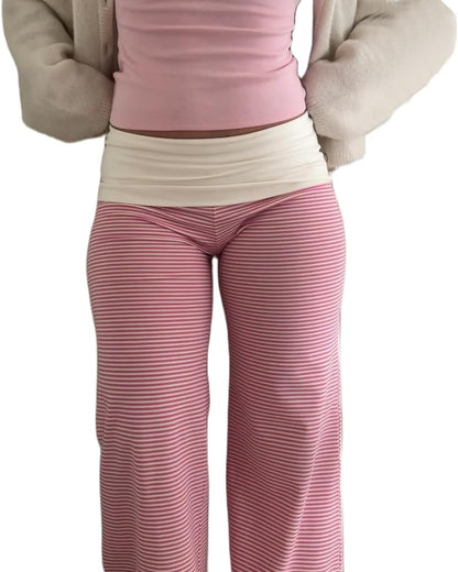 Women Y2k Fold Over Yoga Pants Colour Block Straight Leg Bottoms Low Rise Stretchy Lounge Trousers